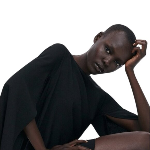 Zara Black Cape Sleeve Sheath Mini Dress Size Small Statement Grunge Edgy - Picture 13 of 14